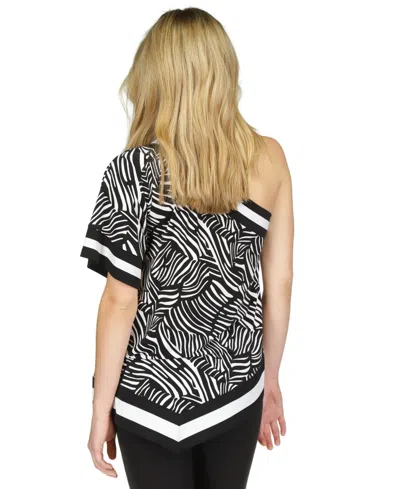 Shop Michael Kors Michael  Petite Animal-print One-shoulder Border-print Top In Black,white