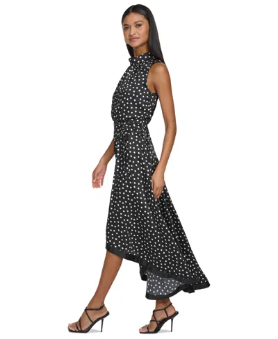 Shop Karl Lagerfeld Women's Polka-dot High-low Midi Dress In Blk,sft Wt
