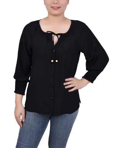 Ny Collection Petite Button Front 3/4 Sleeve Blouse In Black