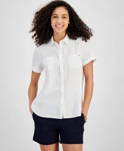 Shop Tommy Hilfiger Women's Camp Short-sleeve Shirt In Brt White
