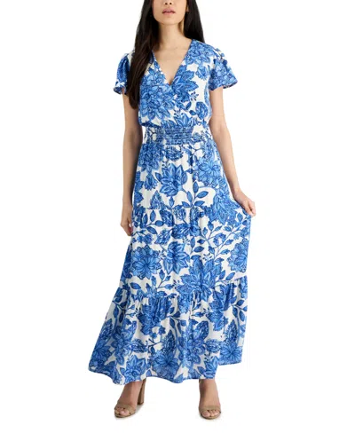 Shop Tinsel Petite Print Short-sleeve Maxi Dress In Large Blue Floral