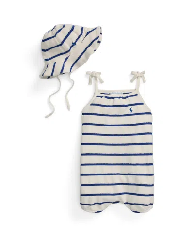 Shop Polo Ralph Lauren Baby Girls Striped Terry Bubble Shortall And Hat Set In Deckwash White,brilliant Sapphire