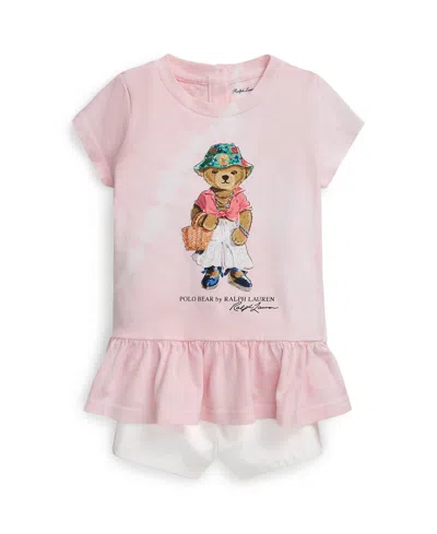Shop Polo Ralph Lauren Baby Girls Tie-dye Polo Bear T-shirt And Chino Shorts Set In Hint Of Pink Tie Dye