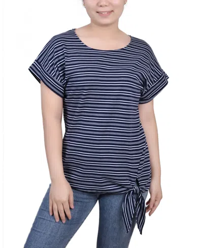 Ny Collection Women's Short Sleeve Tie Front Top In Navy Double Stripe