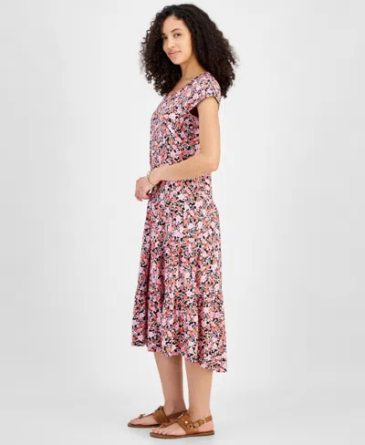 Shop Tommy Hilfiger Women's Floral Print Short-sleeve Tiered Midi Dress In Sky Cap,pe