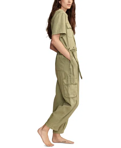 Shop Lucky Brand Women's Belted Short-sleeve Denim Jumpsuit In Light Surplus Green