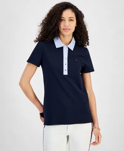 Shop Tommy Hilfiger Women's Contrast Trim Polo Shirt In Sky Capt