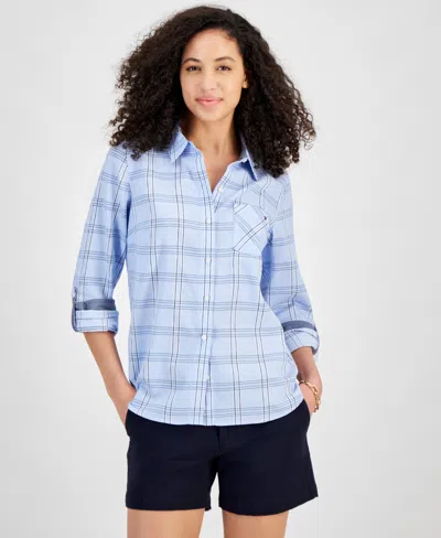 Shop Tommy Hilfiger Women's Pebble Plaid Roll-tab Cotton Shirt In Blue Multi
