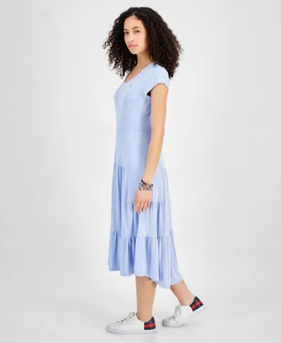 Shop Tommy Hilfiger Women's Short-sleeve Tiered Midi Dress In Chambray H