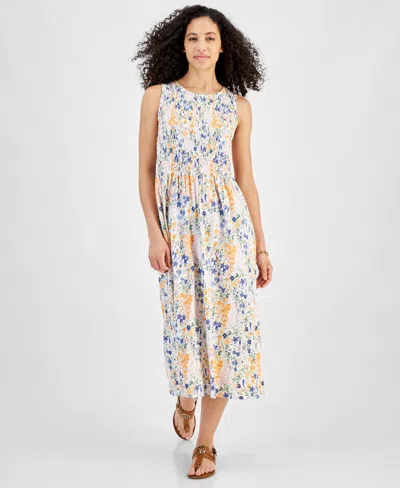 Shop Tommy Hilfiger Women's Floral Print Smocked Sleeveless Midi Dress In Ivory Mult