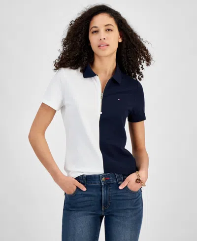 Shop Tommy Hilfiger Women's Colorblock Zip-front Polo Shirt In Brtwht,sky