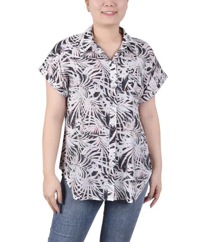 NY COLLECTION WOMEN'S SHORT ROLLED SLEEVE BUTTON FRONT BLOUSE 