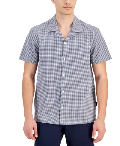 Shop Michael Kors Men's Gingham Seersucker Short Sleeve Button-front Camp Shirt In Midnight