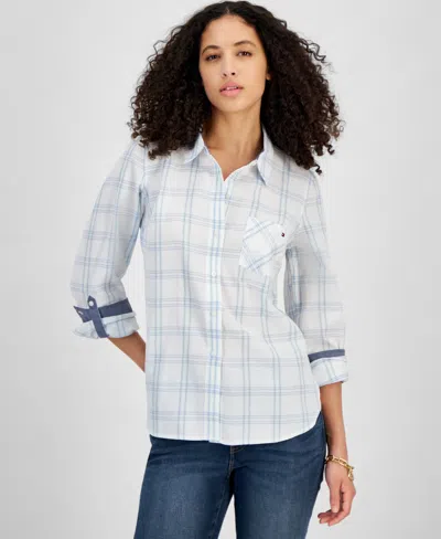 Shop Tommy Hilfiger Women's Pebble Plaid Roll-tab Cotton Shirt In Brght Wht