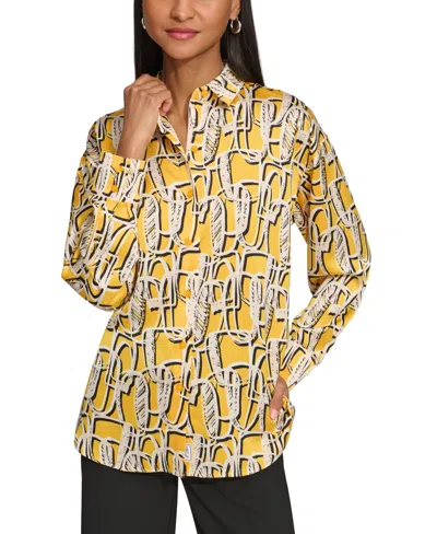 Shop Karl Lagerfeld Women's Abstract-print Oversized Shirt In Gold Fusion