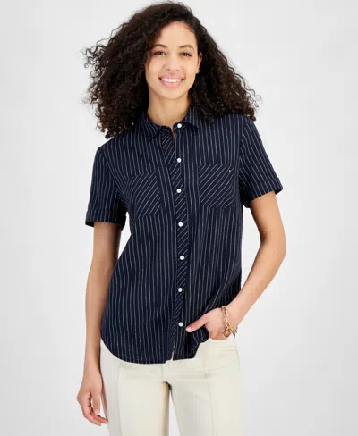 Shop Tommy Hilfiger Women's Striped Linen-blend Short-sleeve Button-front Shirt In Sky Cap,br