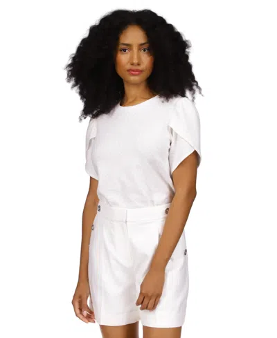 Shop Michael Kors Michael  Petite Animal-print Metallic Petal-sleeve Jacquard Top In White