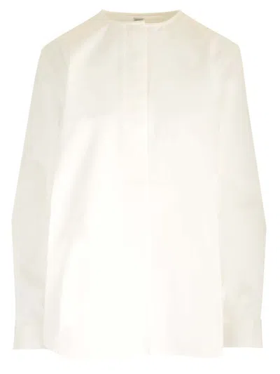 Shop Totême Collarless Long Sleeved Blouse In White