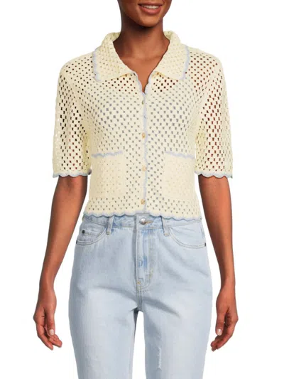 Shop Avec Les Filles Women's Crochet Scallop Cropped Shirt In Ivory