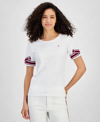 Shop Tommy Hilfiger Women's Ribbon Cuff Crewneck Cotton T-shirt In Brt White