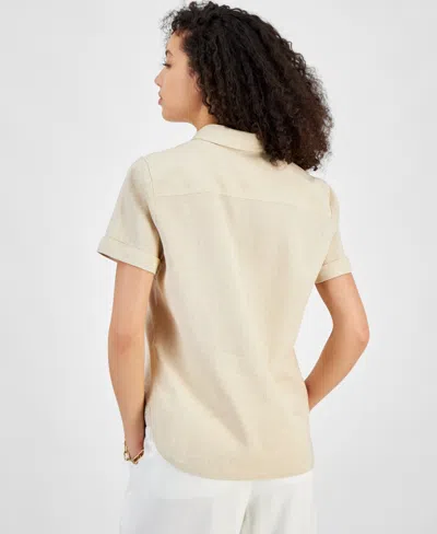 Shop Tommy Hilfiger Women's Linen-blend Short-sleeve Button-front Shirt In Sand,wht