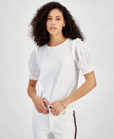 Shop Tommy Hilfiger Women's Round-neck Contrast-sleeve Top In Brt White