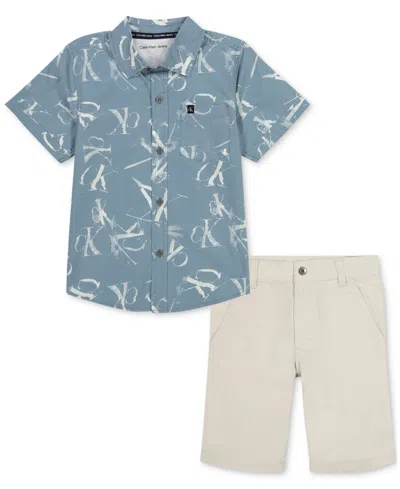 Shop Calvin Klein Little Boy Plaid Poplin Button-front Shirt Twill Shorts Set In Assorted