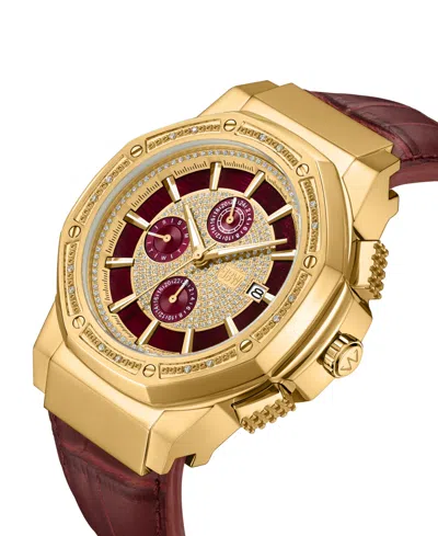 Shop Jbw Men's Saxon Multifunction Maroon Genuine Leather Watch, 48mm In Gold