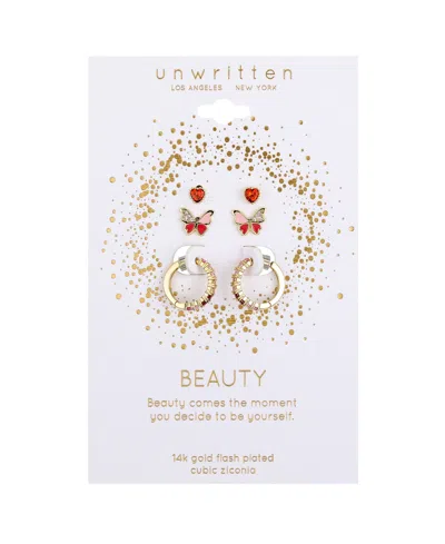Unwritten Multi Pink Cubic Zirconia And Enamel Heart Butterfly Stud And Hoop Earring Set In Gold