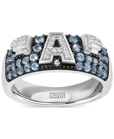 Wonder Fine Jewelry Marvel  Men's Swiss Blue Topaz (3/4 Ct. T.w.) & Diamond (1/10 Ct. T.w.) Captain A In Sterling Silver