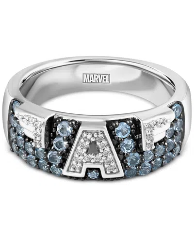 Wonder Fine Jewelry Marvel  Men's Swiss Blue Topaz (3/4 Ct. T.w.) & Diamond (1/10 Ct. T.w.) Captain A In Sterling Silver