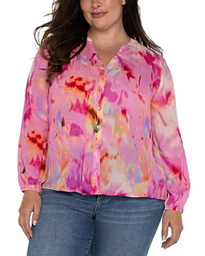 Shop Liverpool Los Angeles Plus Watercolor Print Shirred Blouse In Fuchsia