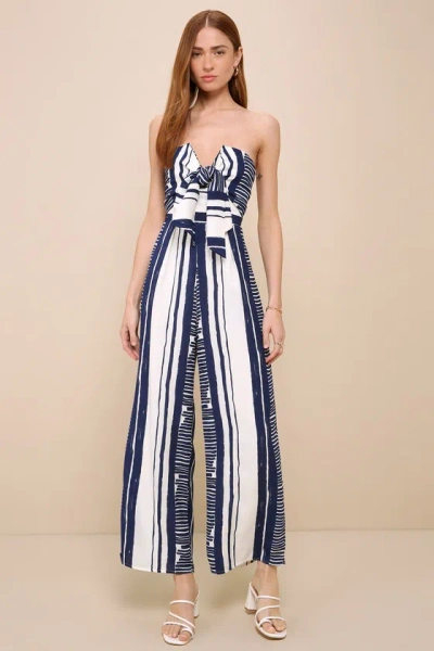 Shop Lulus Delphi Blue And White Striped Tie-front Strapless Jumpsuit