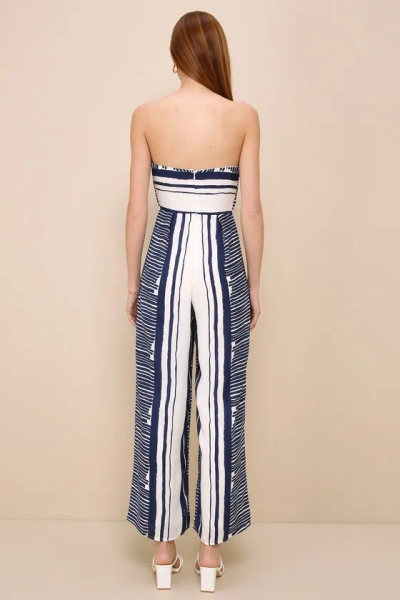 Lulus Delphi Blue And White Striped Tie-front Strapless Jumpsuit In Blue And White