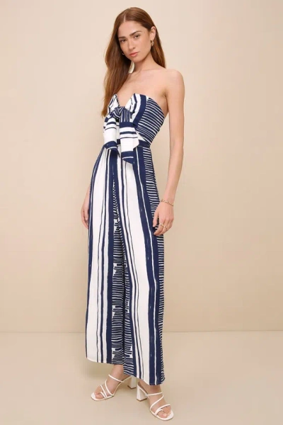 Shop Lulus Delphi Blue And White Striped Tie-front Strapless Jumpsuit