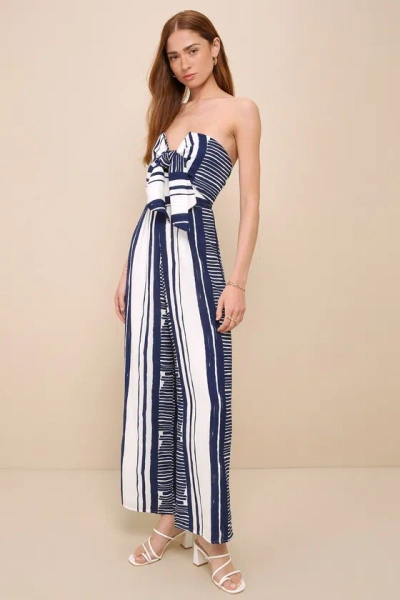 Lulus Delphi Blue And White Striped Tie-front Strapless Jumpsuit In Blue And White