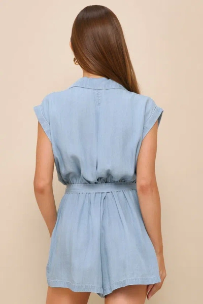 Shop Lulus Sweet Pursuit Light Wash Chambray Collared Romper In Blue