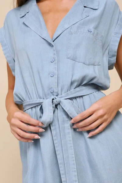 Shop Lulus Sweet Pursuit Light Wash Chambray Collared Romper In Blue