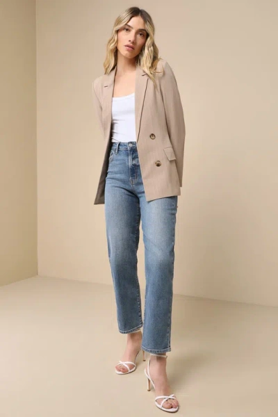 Lulus Polished Choice Taupe And White Striped Double Breasted Blazer In White