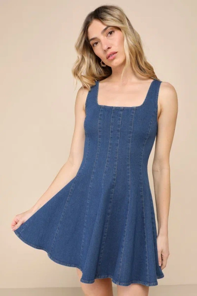 Shop Lulus Dreamy Sweetie Dark Wash Sleeveless Skater Denim Mini Dress In Blue