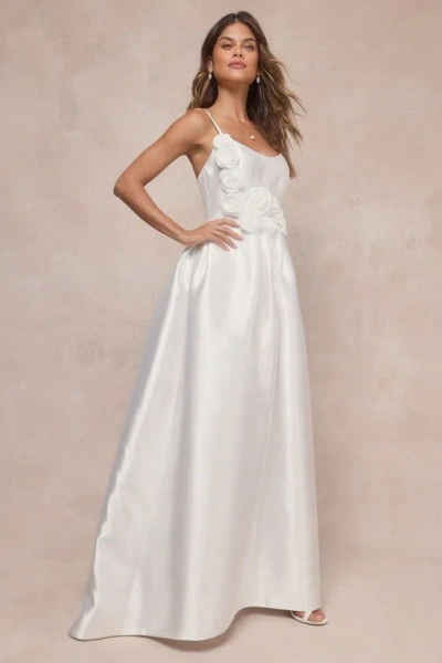 Lulus Dreamy Forever White Taffeta Rosette Maxi Dress With Pockets In White