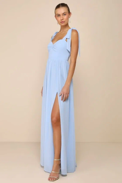 Lulus Radiant Charisma Light Blue Chiffon Ruched Tie-strap Maxi Dress In Light Blue