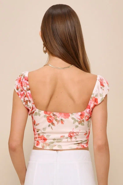 Shop Lulus Trendy Devotion Blush Floral Mesh Cap Sleeve Tie-front Crop Top In Pink