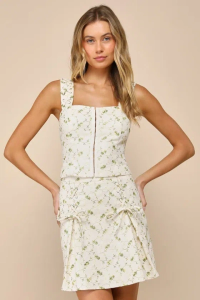Lulus Delightful Flirt Ivory Twill Floral Embroidered Mini Skirt In Ivory