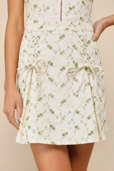 Lulus Delightful Flirt Ivory Twill Floral Embroidered Mini Skirt In Ivory