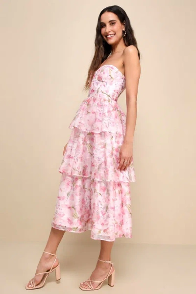 Shop Lulus Pristine Cutie Light Pink Floral Organza Bustier Midi Dress