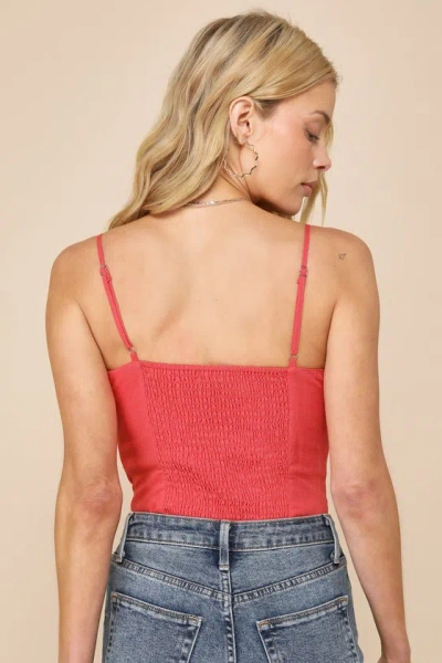 Shop Lulus Sweet Behavior Rusty Rose Linen Lace-up Bustier Bodysuit In Red