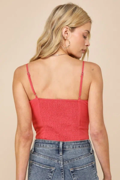 Lulus Sweet Behavior Rusty Rose Linen Lace-up Bustier Bodysuit In Red