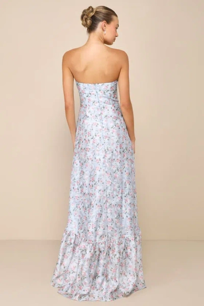 Lulus Gorgeous Desire Light Blue Floral Strapless High-low Maxi Dress In Light Blue