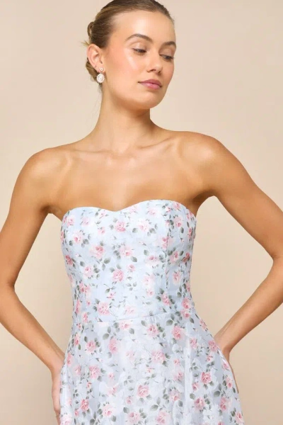 Lulus Gorgeous Desire Light Blue Floral Strapless High-low Maxi Dress In Light Blue